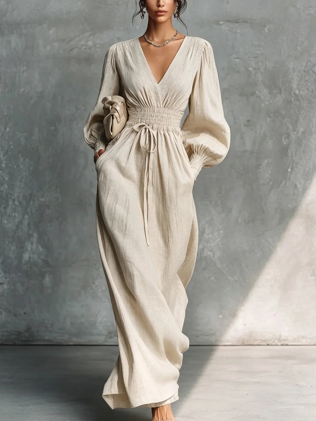 Beige Textured V-Neck Lantern Sleeve Smocked Waist Side Pocket Maxi Dress
