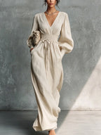 Beige Textured V-Neck Lantern Sleeve Smocked Waist Side Pocket Maxi Dress