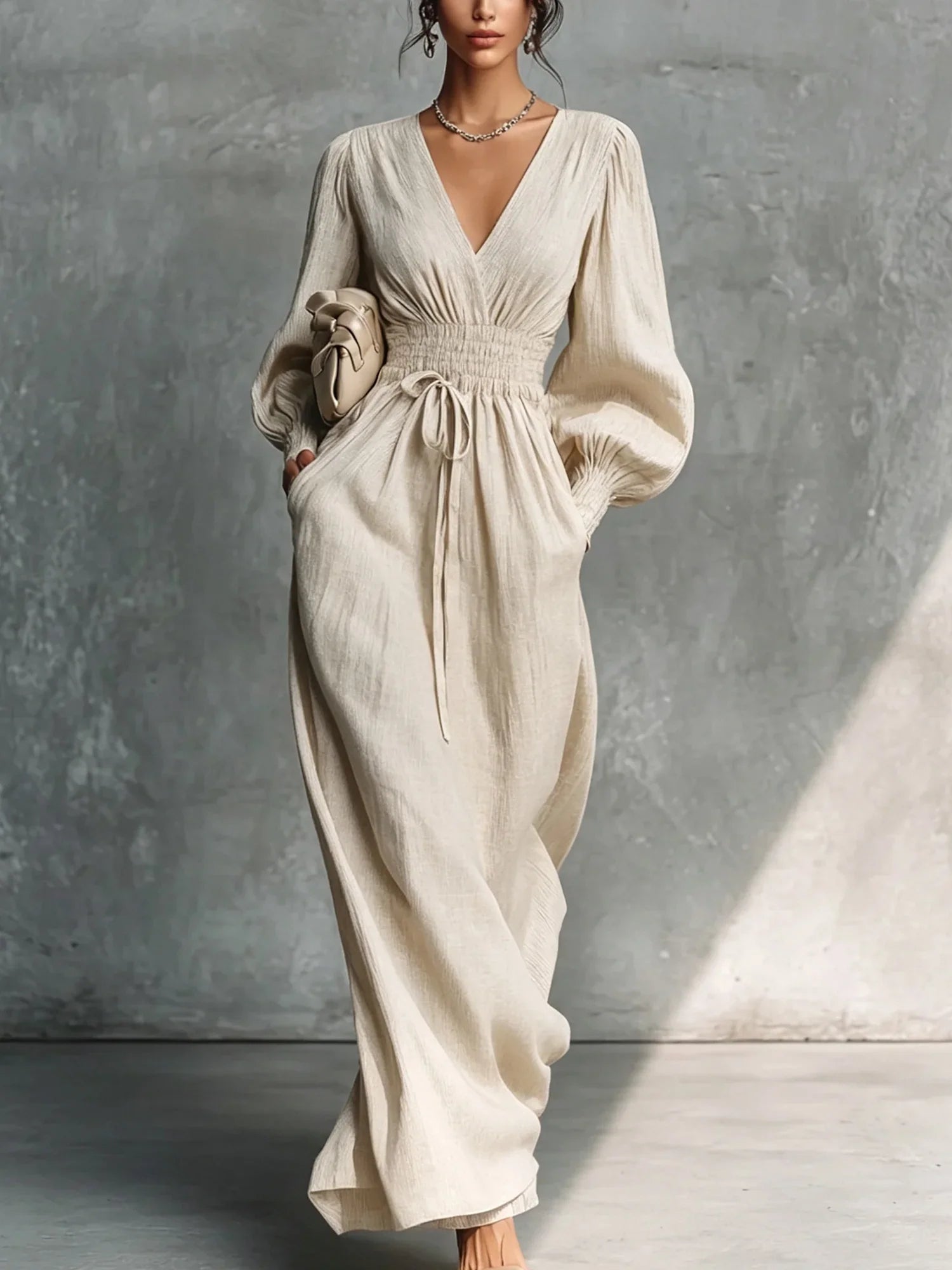 Beige Textured V-Neck Lantern Sleeve Smocked Waist Side Pocket Maxi Dress