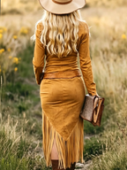 Vintage Western Lapel Zipper Tassel Midi Dress(Without belt)