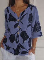 Printed Linen-Cotton V-Neck Pullover Shirt