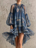 Vintage elegant printed long-sleeve loose mini dress