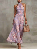 Pink Floral Chiffon Halter Maxi Dress