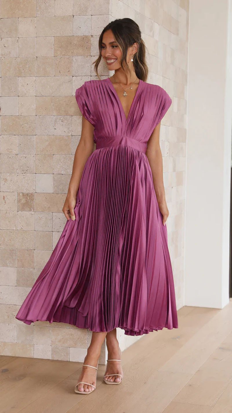 Elegant Satin Pleated V-neck Flowing Midi Dress