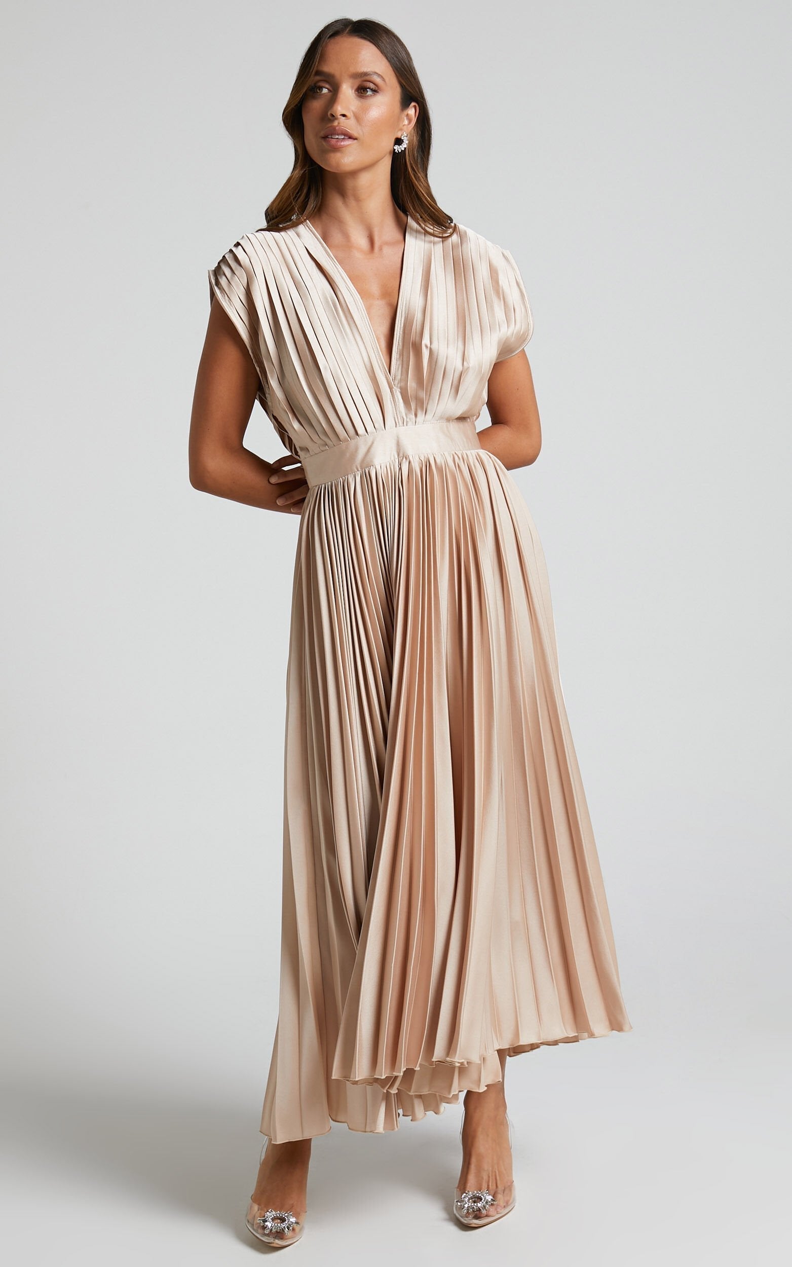Elegant Satin Pleated V-neck Flowing Midi Dress