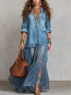 Blue Faux Denim Shirt Collar With Sheer Pockets Maxi Dress