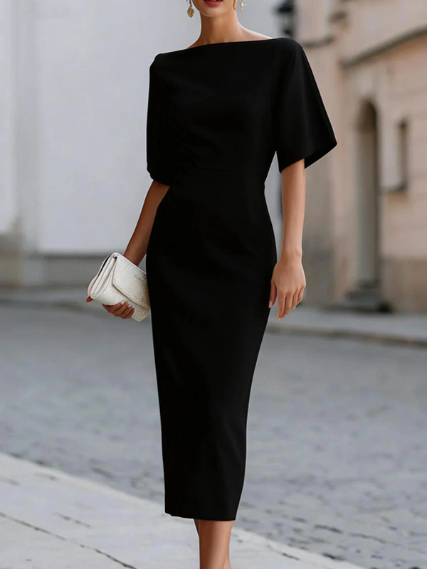 Boat Neck Midi-length Fitted Dress