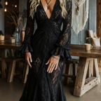 Gothic Black Lace Fitted V-Neck Flared Sleeve Maxi Dress