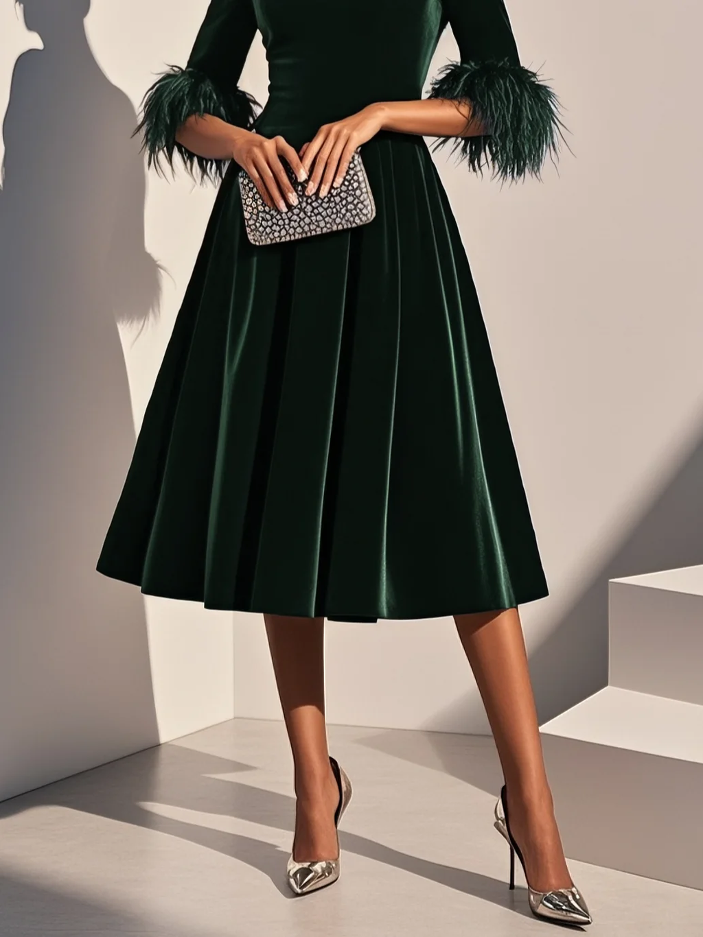 Dark Blue Feather-trimmed Velvet Round Neck Short-sleeved A-line Midi Dress