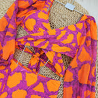 V-Neck Net Yarn Long Sleeves Bikini Swimsuit and Skirt