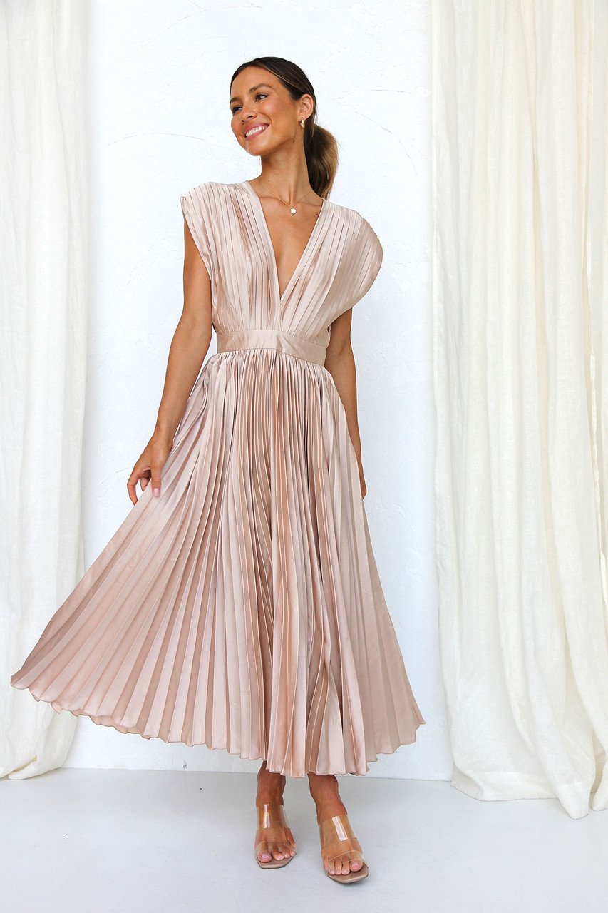 Elegant Satin Pleated V-neck Flowing Midi Dress