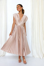Elegant Satin Pleated V-neck Flowing Midi Dress