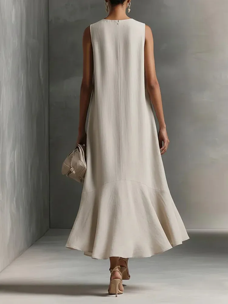 Green Faux Cotton-linen V-neck Sleeveless Maxi Dress