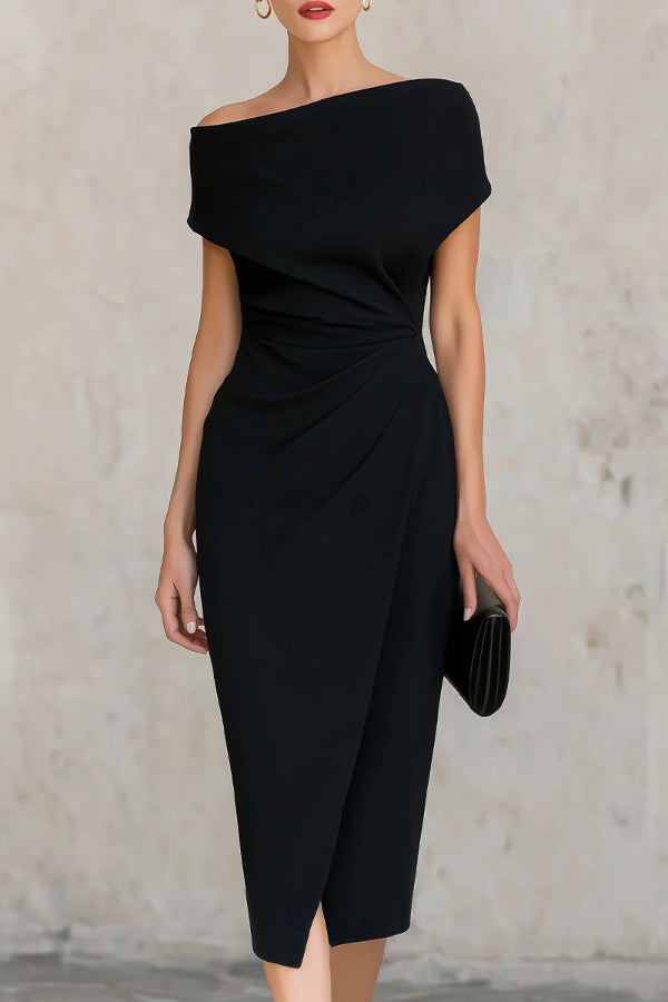 Elegant Short-sleeved Slim-fit Pleated Midi Dress