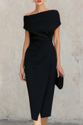 Elegant Short-sleeved Slim-fit Pleated Midi Dress