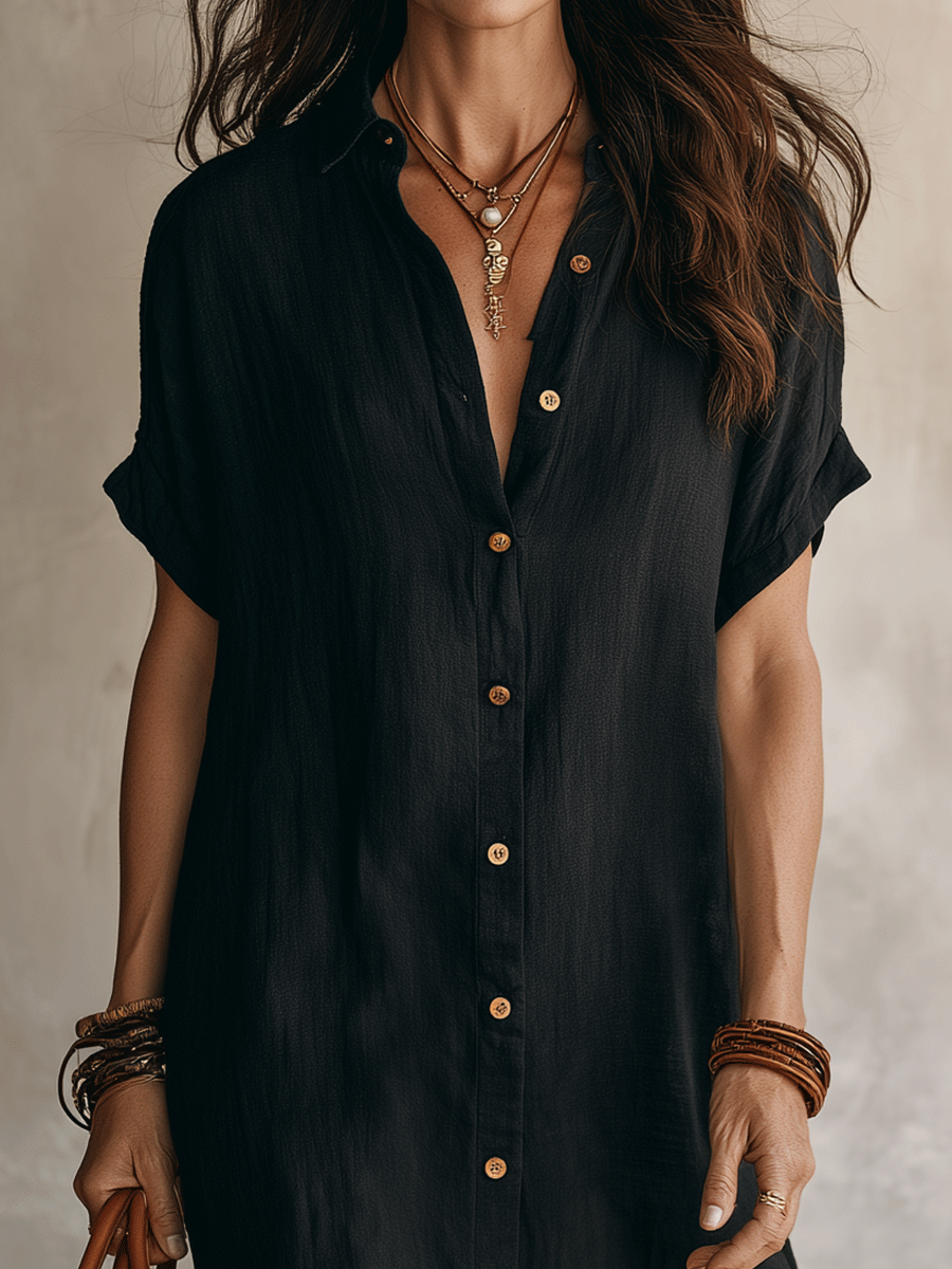 Bohemian Black Loose-fitting Midi Dress
