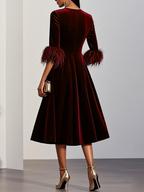 Dark Blue Feather-trimmed Velvet Round Neck Short-sleeved A-line Midi Dress