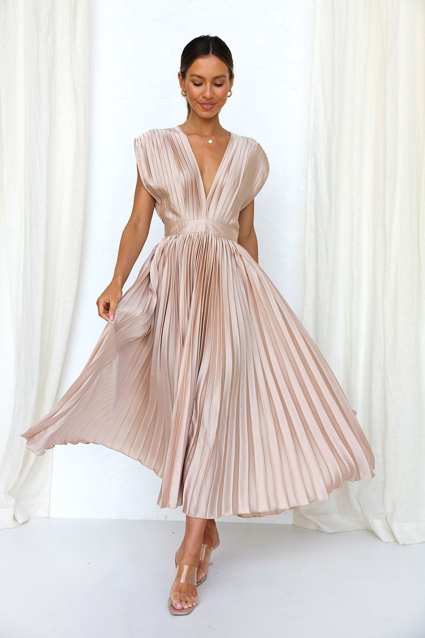 Elegant Satin Pleated V-neck Flowing Midi Dress