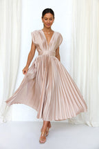 Elegant Satin Pleated V-neck Flowing Midi Dress