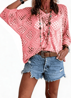 Bohemian V-neck Diamond-patterned Openwork Batwing Sleeve Knit Top