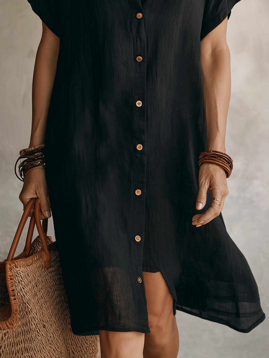 Bohemian Black Loose-fitting Midi Dress