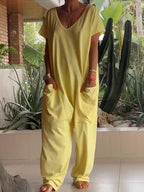 Casual V-neck Solid Color Jumpsuit