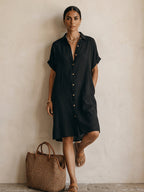 Bohemian Black Loose-fitting Midi Dress