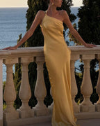 Elegant Slant Shoulder Solid Color Party Dress