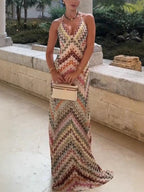 Herringbone Crocheted Print Spaghetti Strap V-neck Camisole Maxi Dress