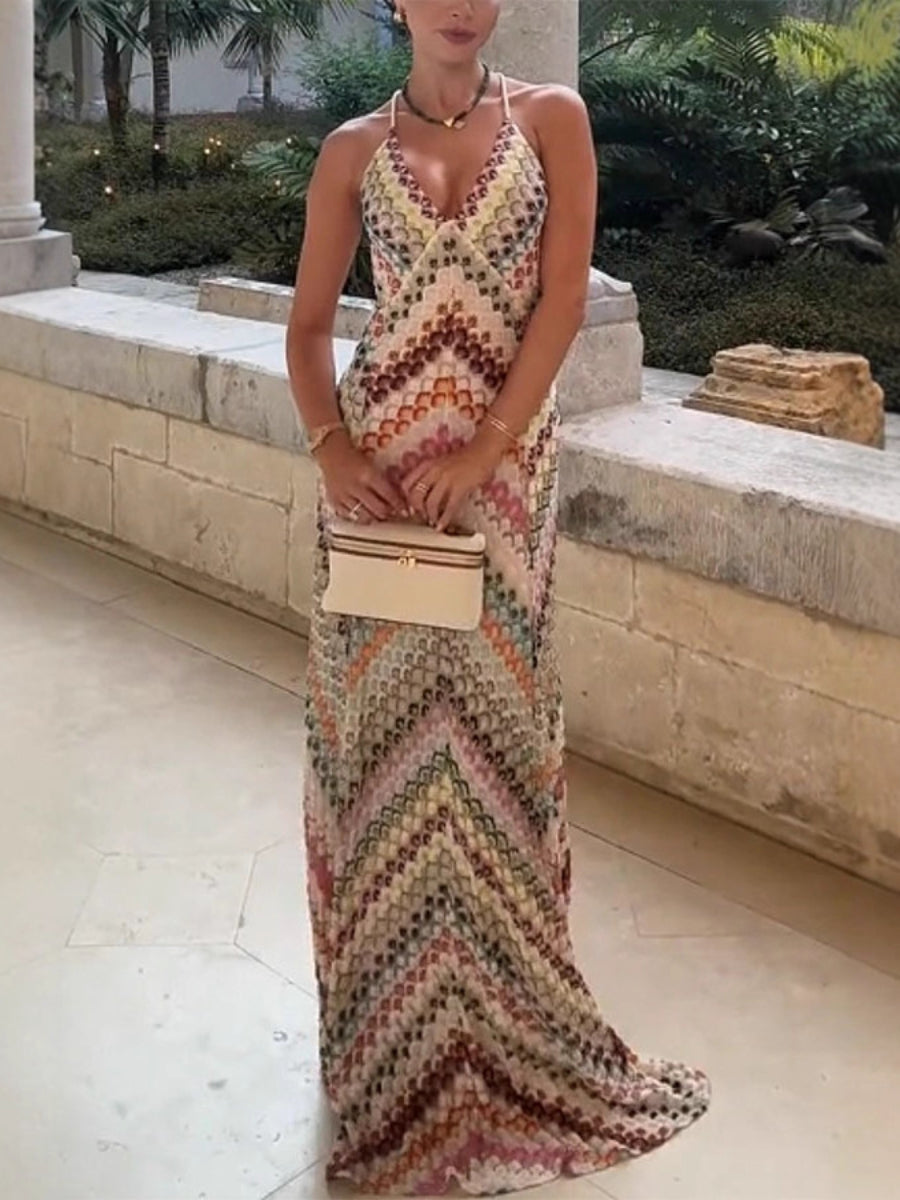 Herringbone Crocheted Print Spaghetti Strap V-neck Camisole Maxi Dress
