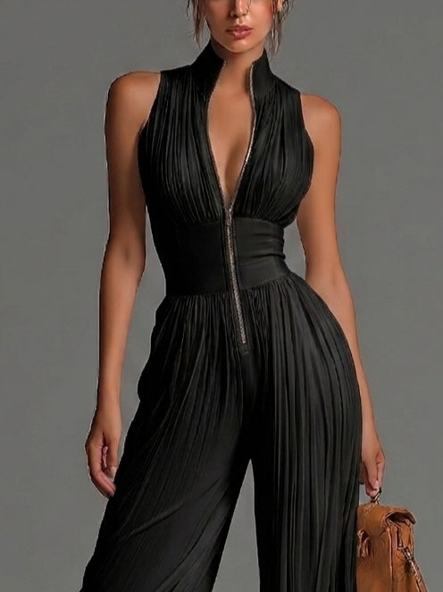 Black V-neck Sleeveless Zip-up Pleated Wide-leg Chiffon Jumpsuit