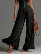 Black V-neck Sleeveless Zip-up Pleated Wide-leg Chiffon Jumpsuit