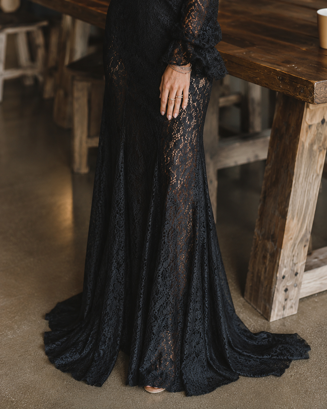 Gothic Black Lace Fitted V-Neck Flared Sleeve Maxi Dress