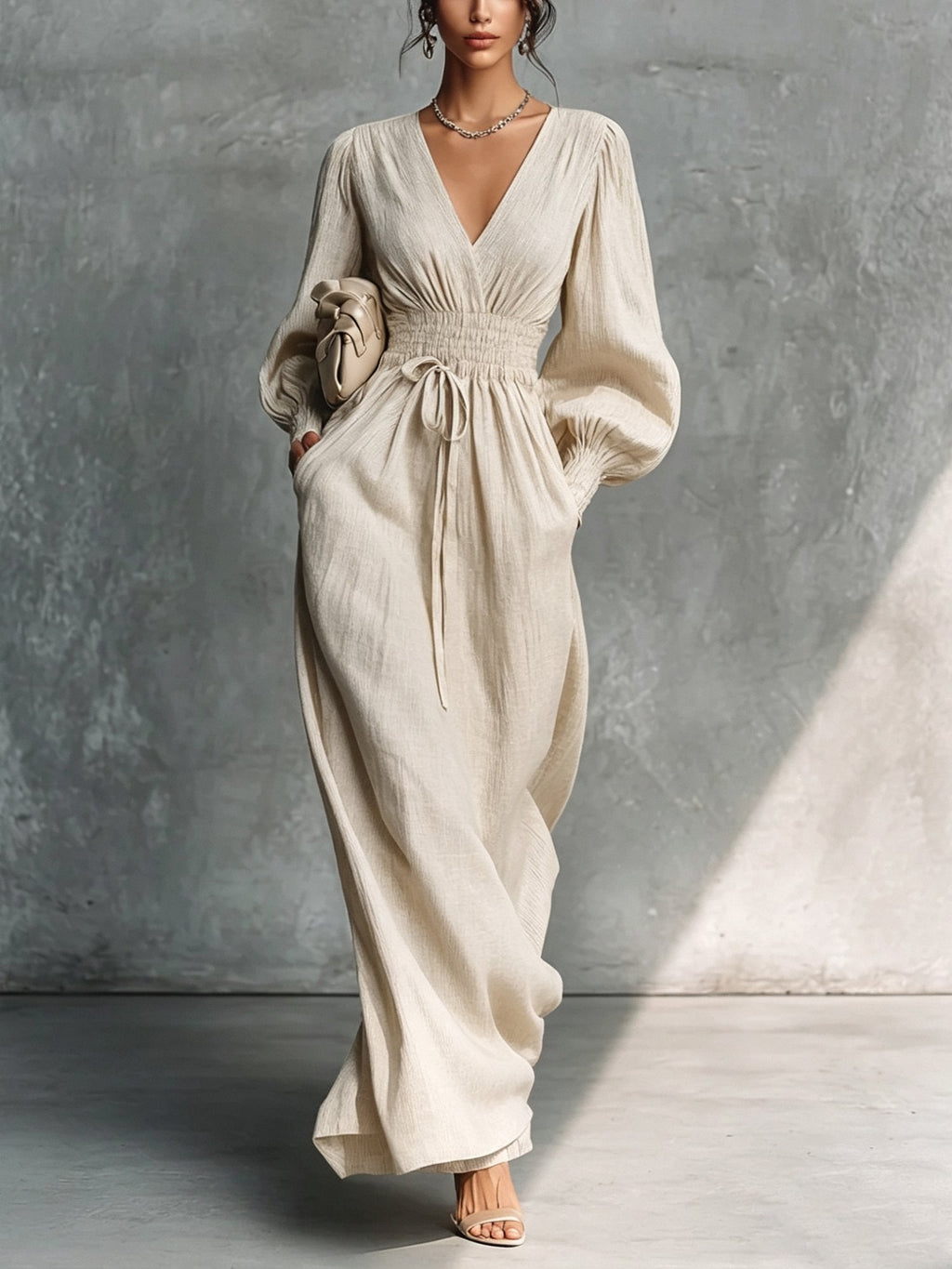 Beige Textured V-Neck Lantern Sleeve Smocked Waist Side Pocket Maxi Dress