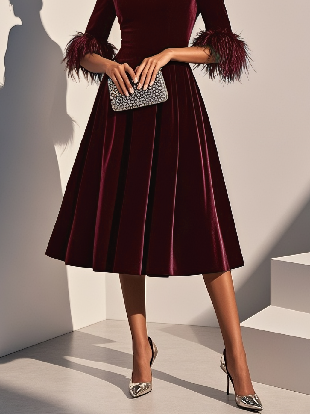 Dark Blue Feather-trimmed Velvet Round Neck Short-sleeved A-line Midi Dress