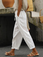 Solid Color Cotton Linen Lace Up Loose Casual Pants