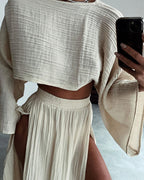 Chic slit cotton and linen casual two-piece set