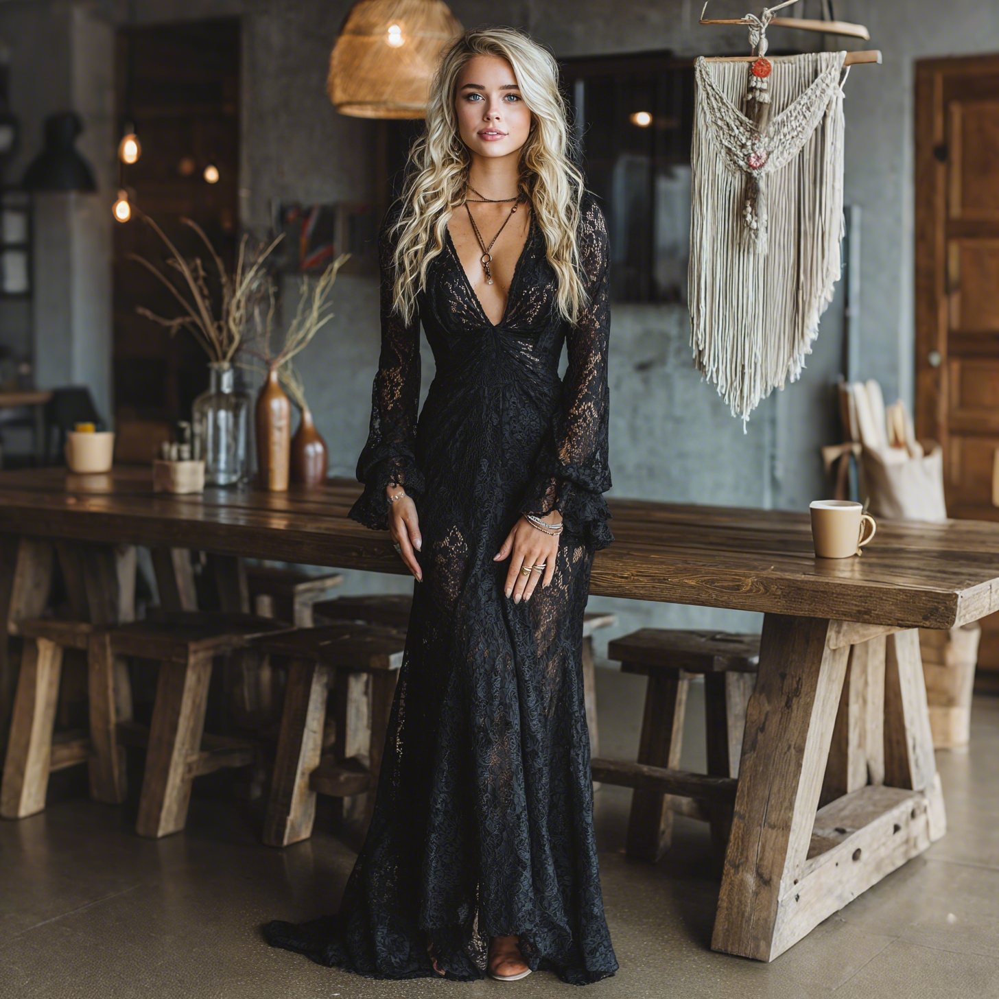 Gothic Black Lace Fitted V-Neck Flared Sleeve Maxi Dress