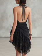Black Halter Neck Lace Ruffled Mini Dress