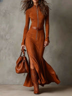 Vintage Brown Zipper Belted Maxi Dress（Includes belt）