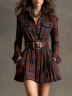 Vintage Lapel Red and Brown Plaid Mini Dress（Includes belt）