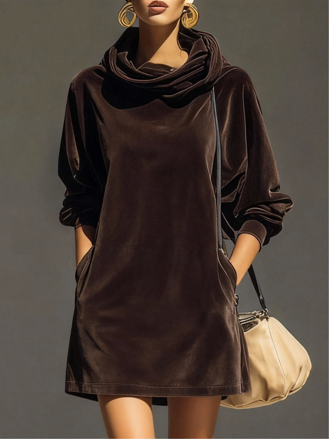 Vintage brown velvet hoodie, loose mini dress