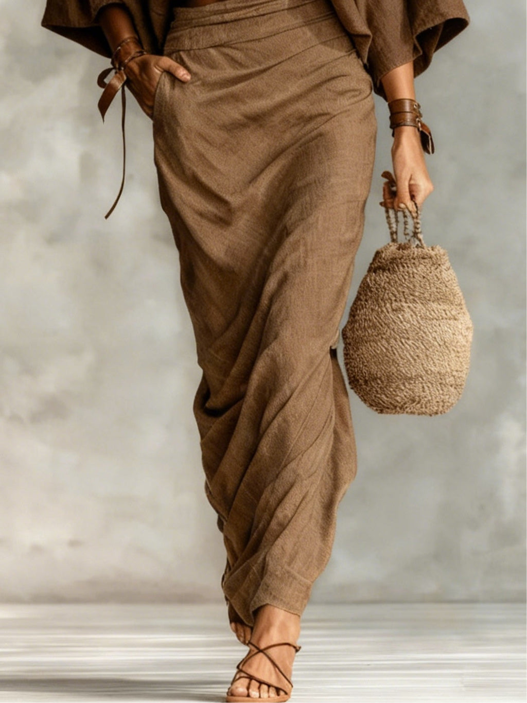 Round neck batwing sleeve top and long skirt set