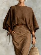 Round neck batwing sleeve top and long skirt set