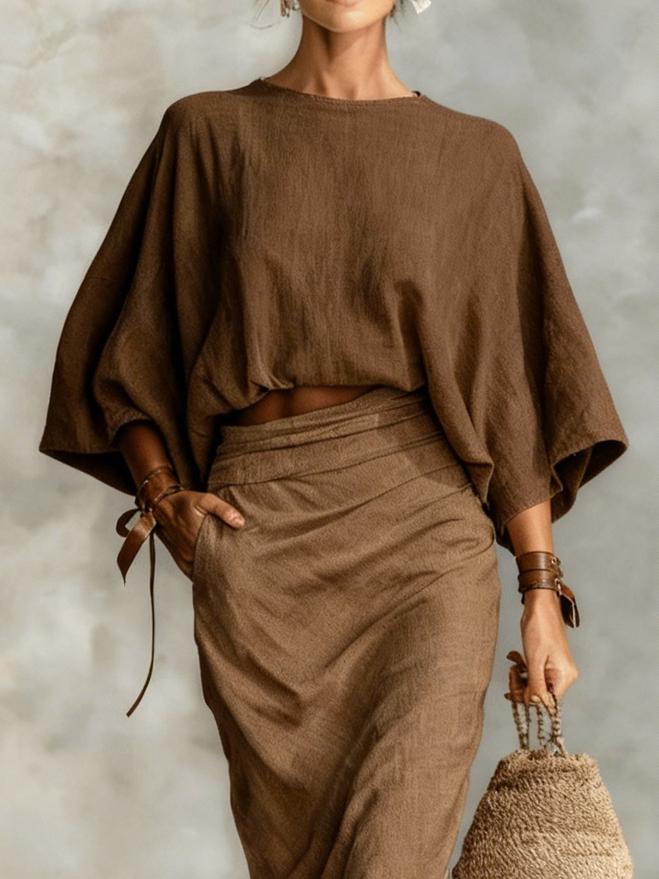 Round neck batwing sleeve top and long skirt set