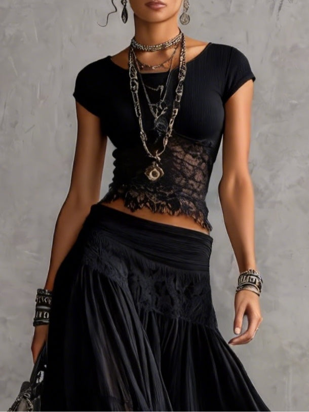 Black Sheer Lace-Paneled Top and Pleated Maxi Skirt Set