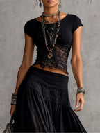 Black Sheer Lace-Paneled Top and Pleated Maxi Skirt Set