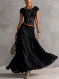 Black Sheer Lace-Paneled Top and Pleated Maxi Skirt Set