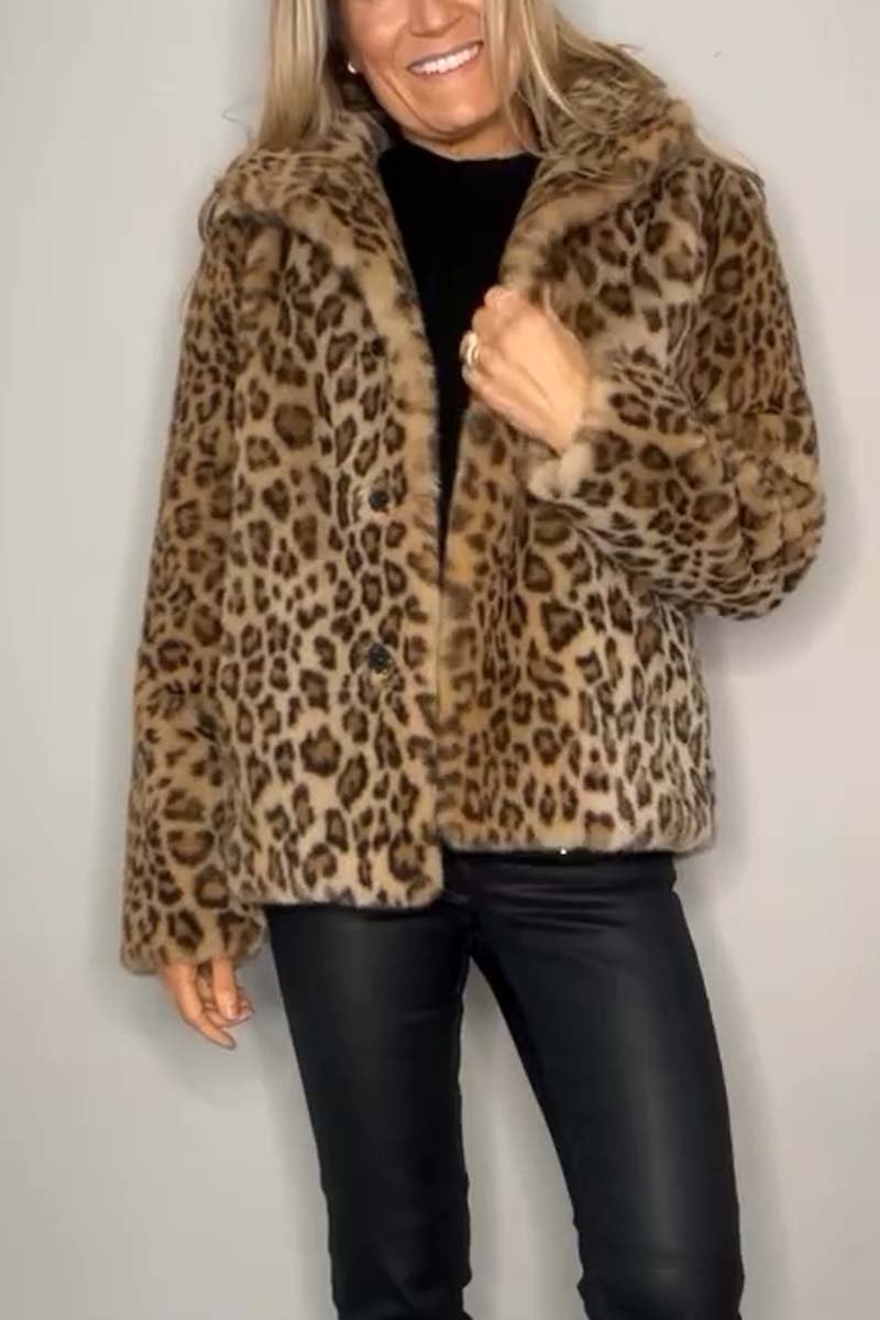 Stylish Leopard Print Lapel Faux Fur Mid-length Coat