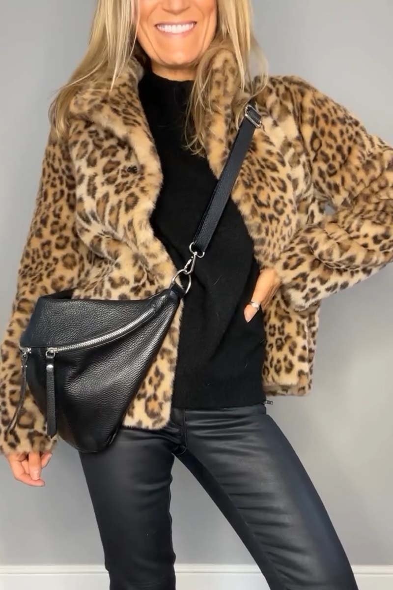 Stylish Leopard Print Lapel Faux Fur Mid-length Coat